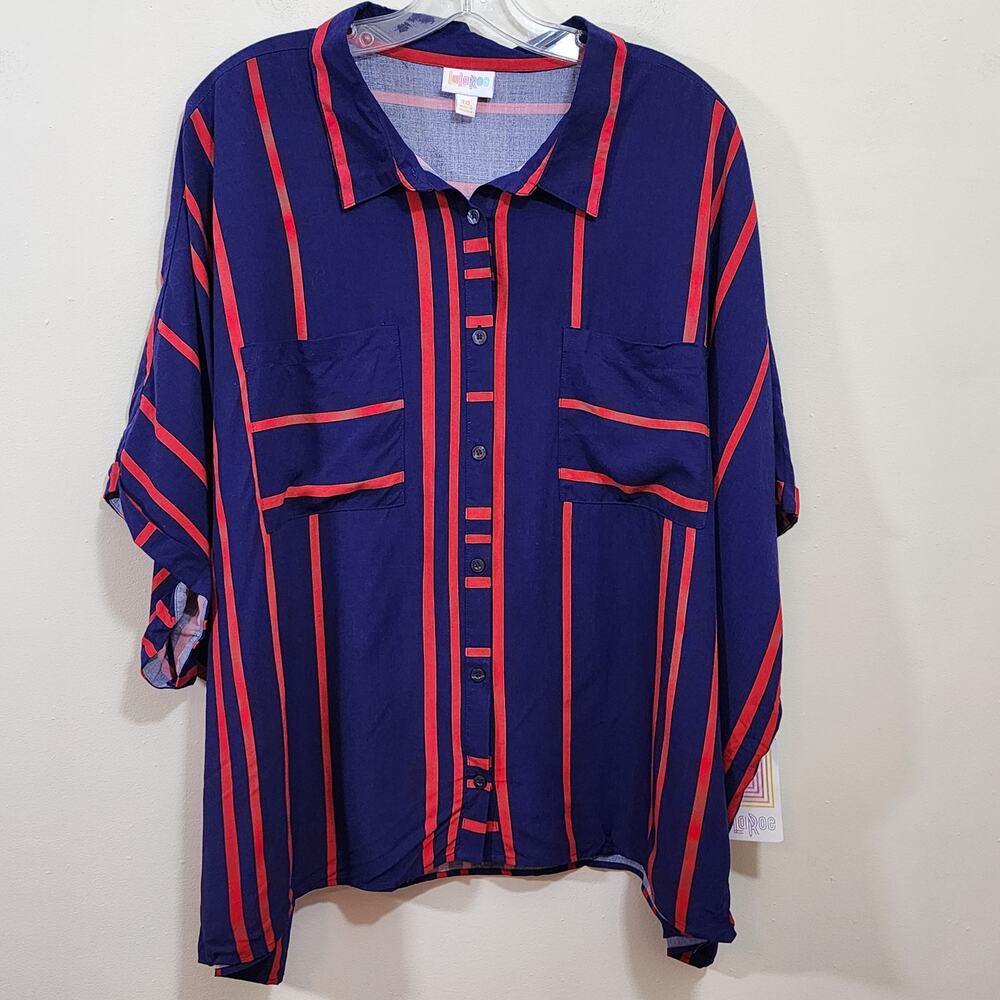 LuLaRoe NWT Amy dark blue with red stripes short sleeve button front woman's 3XL